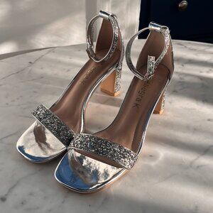 Allegra K Women's Glitter Ankle Strap Chunky Heeled Sandals